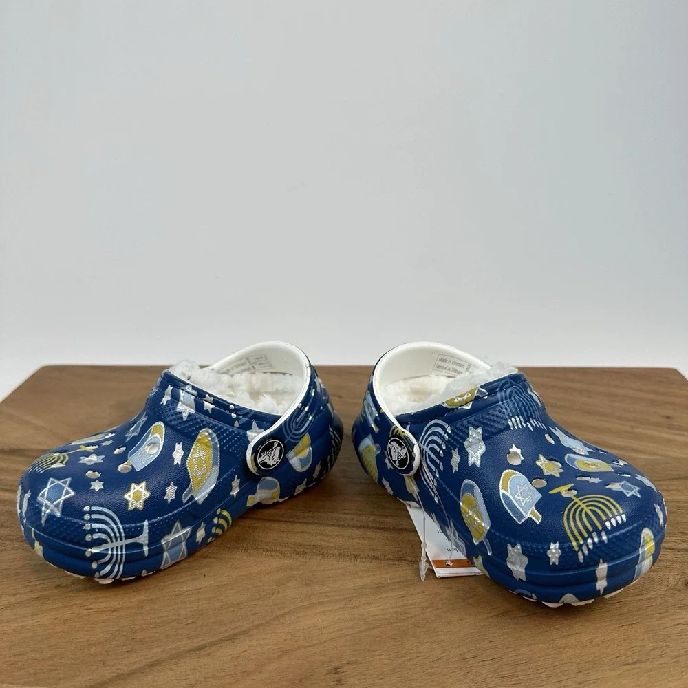 New Little Kids Crocs Classic Lined Blue Hanukkah Clogs Shoes Sandals Size‎ 5 C